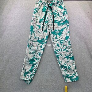 Zara Basic Floral Print Paperbag Waist Trousers Teal White XS Drawstring Pants